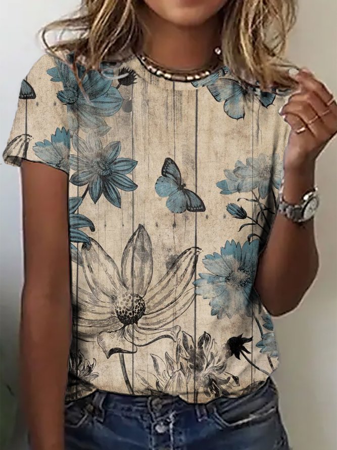 Schmetterling&Blumen Print T-Shirt Retro Stil Rundhals Noracora