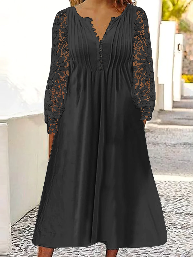 Stickerei Kleid Schnalle V-Ausschnitt A-Line Langarm Noracora