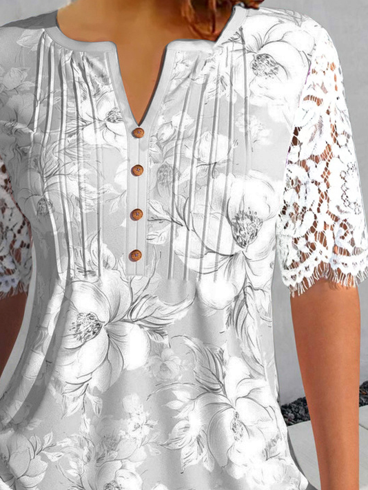 Blumenmuster Shirt halbe Spitze Ärmel Jersey Noracora