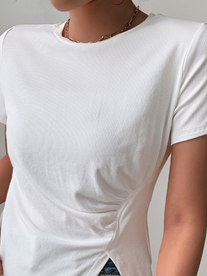 Unifarben Kurzarm Rundhals Lässig Irregulär Handwerkskunst Tunika T-Shirt