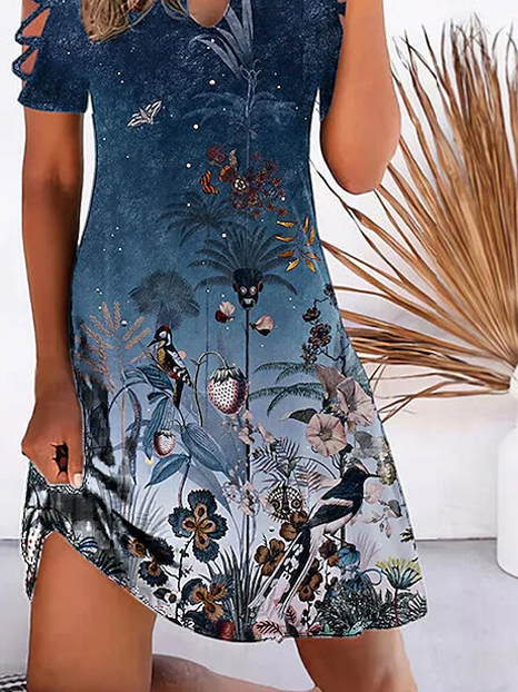 Blumen Print Kleid Natur Muster Hohl-Ärmel Rundhals Lässig Urlaub Noracora