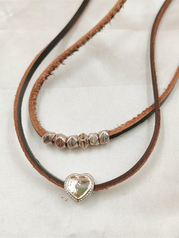 Leder Silber Herzenmuster Perlen Geschichtet Halskette Western Ethnisch Kleid Schmuck