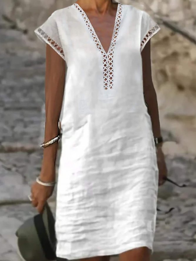 Weißes Baumwolle Kleid Hohl-Patchwork V-Ausschnitt Kurzarm Noracora