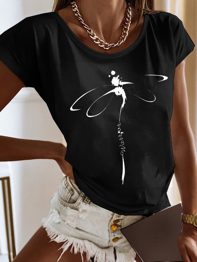 Libelle Print T-Shirt Lässig Jersey Rundhals Kurzarm Noracora