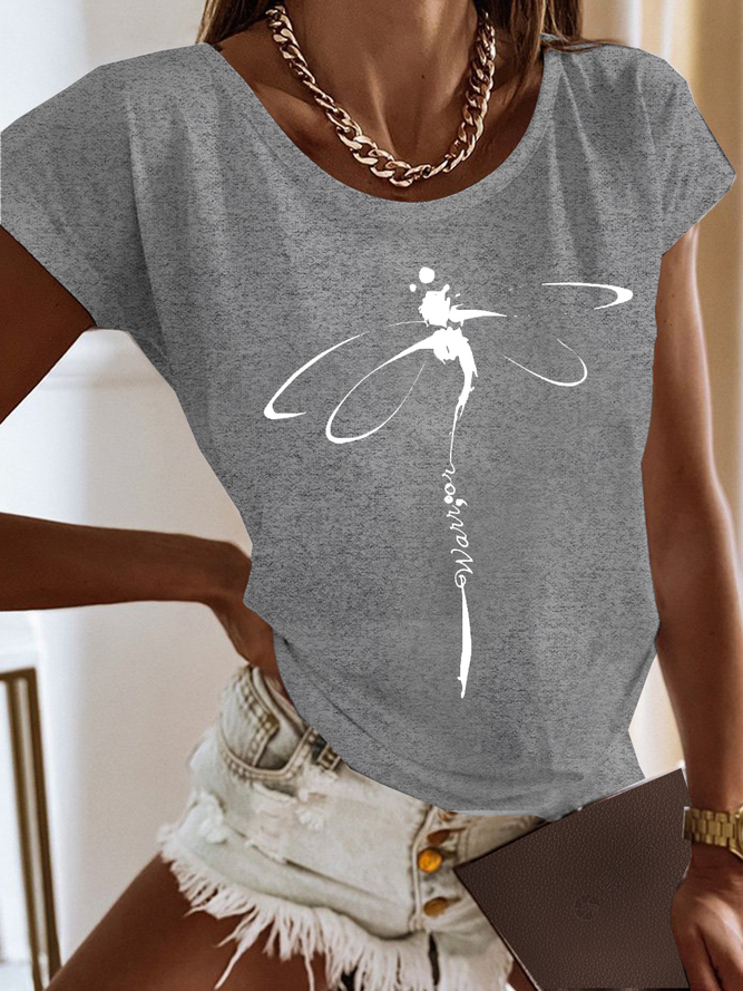 Libelle Print T-Shirt Lässig Jersey Rundhals Kurzarm Noracora