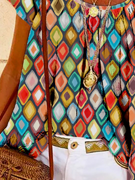 Geometrisch Kurzarm Rundhals Urlaub Bluse