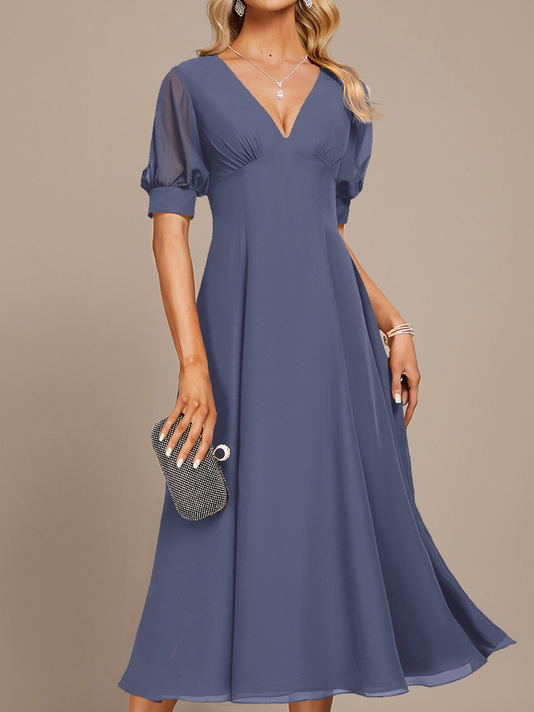 Chiffon Abendkleid/Brautkleid V-Ausschnitt Reine Farbe Lässige Passform Noracora