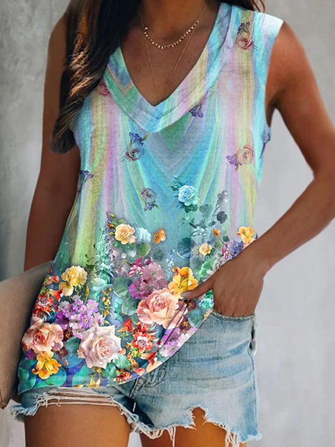 Lässig Blau Geblümt Tanktop Oberteile
