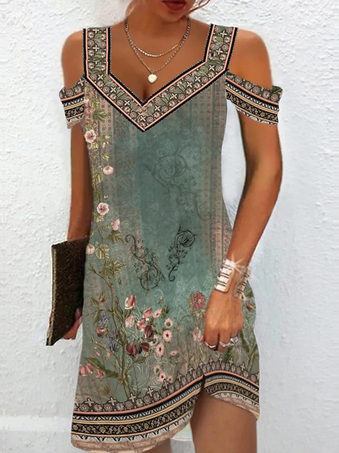 Ethnisch Blumenmuster Kleid Retro V-Ausschnitt Gewebe Spaghettiträger Noracora