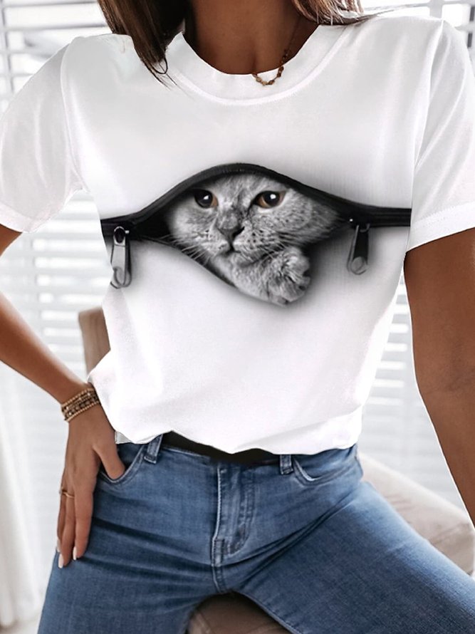 Jersey Lässig Katze Weit Rundhals T-Shirt