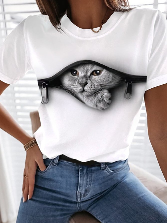 Jersey Lässig Katze Weit Rundhals T-Shirt
