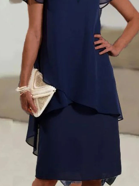 Stickerei Volant Brautkleid Chiffon Reine Farbe Midikleid
