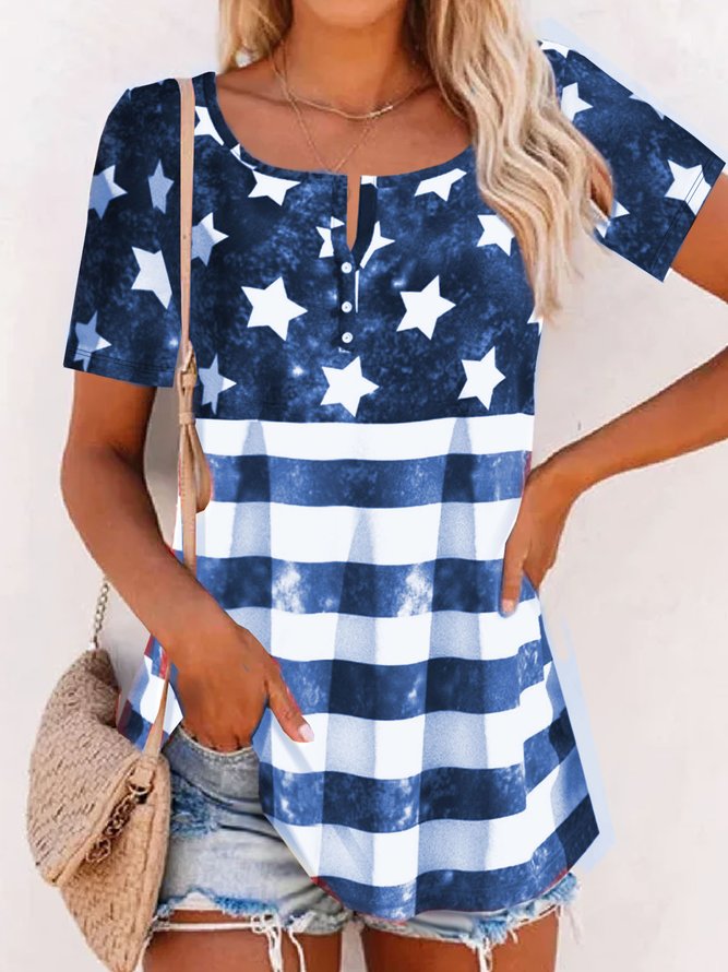 Amerika-Flagge Print Schnalle Lässig Jersey Tunika T-Shirt