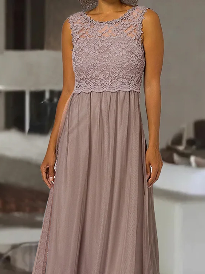 Lässige Brautkleid/Abendkleid reine Farbe Spitze Tüll Rundhals Kleid Noracora