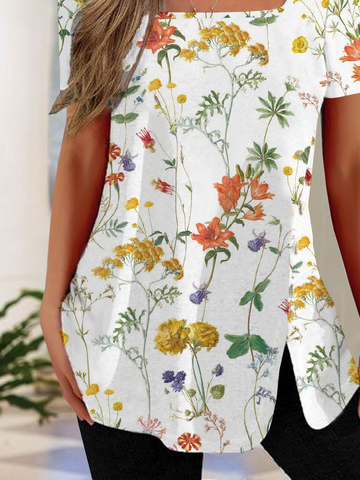 Jersey Karree-Ausschnitt Lässig Blumenmuster Tunika Bluse