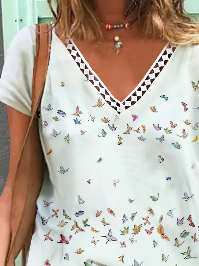 Lässig Schmetterling Patchwork Spitze Jersey T-Shirt