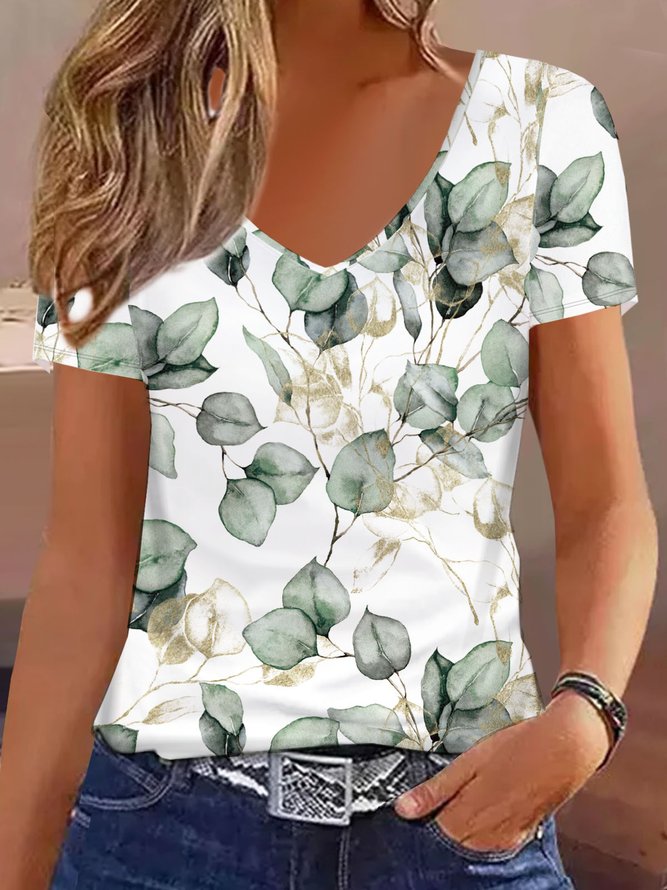 V-Ausschnitt Lässig Pflanzen Print T-Shirt