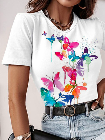 Lässig Regelmäßige Passform Schmetterling T-Shirt