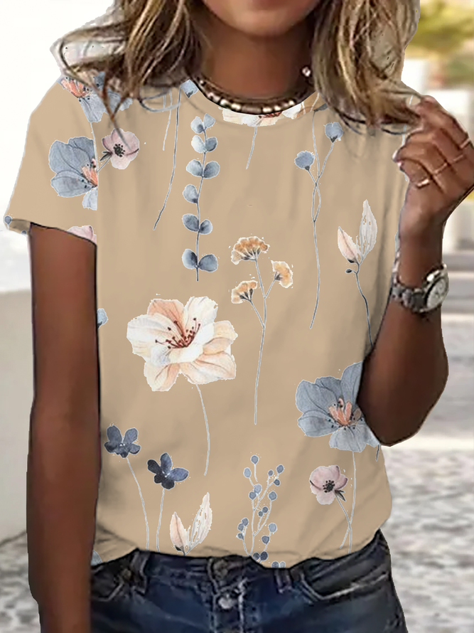Blumen Print T-Shirt Rundhals Vielfarbig Lässig Urlaub&Täglich Noracora