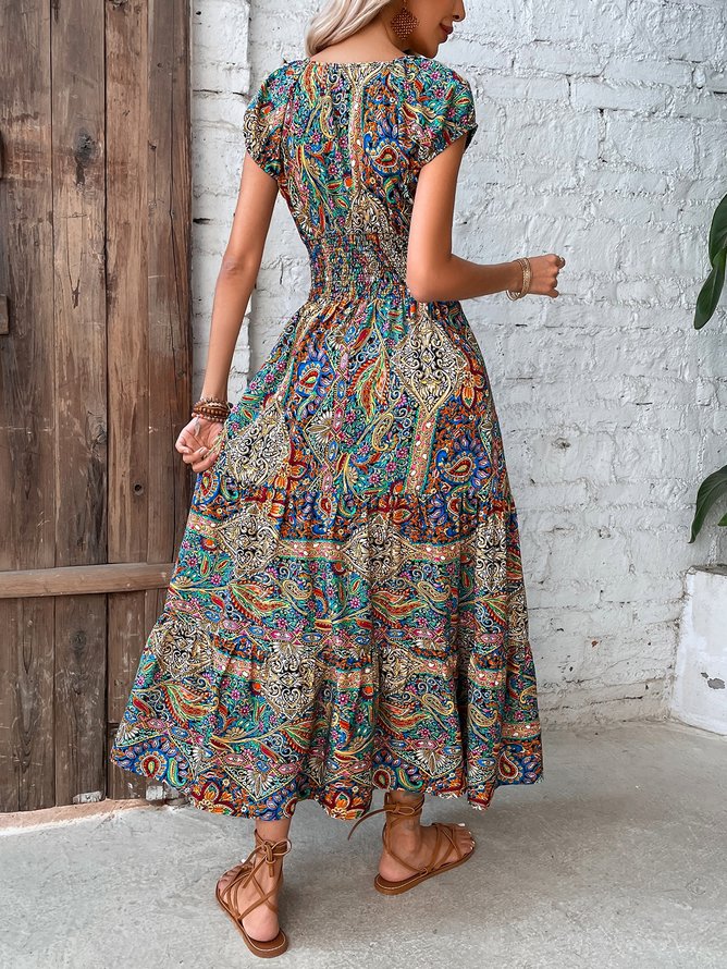 Kurzärmeliges Paisley Maxikleid mit V-Ausschnitt für Sommer&Urlaub Norocora