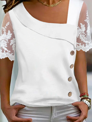 Lässig Unifarben Sommer Asymmetrischer Hals Geknöpft Spitze Mesh H-Linie Bluse Noracora