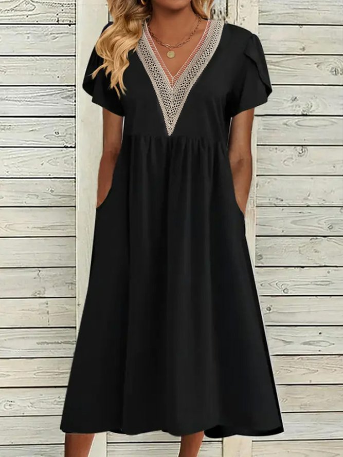 Unifarben Lässig V-Ausschnitt Weit Kleid