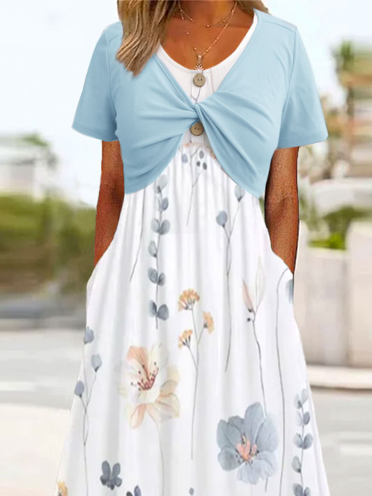 Blumen Print Kleid Rundhals Zweiteiliges Set Kurzarm Lässig Midikleid Noracora