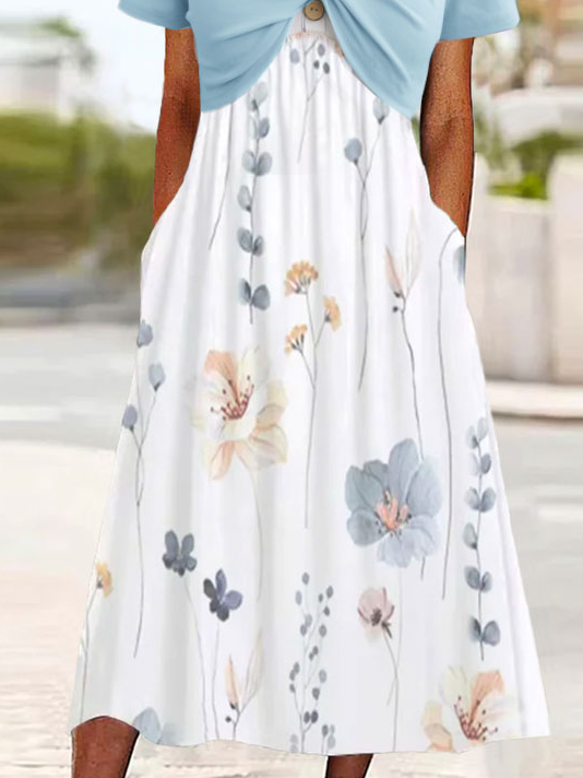 Blumen Print Kleid Rundhals Zweiteiliges Set Kurzarm Lässig Midikleid Noracora