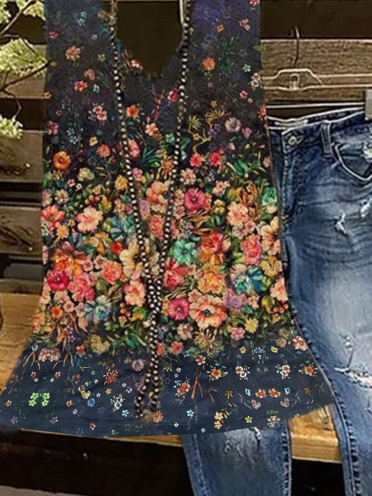 Retro Print Ärmellose Shirts & Blusen mit V-Ausschnitt