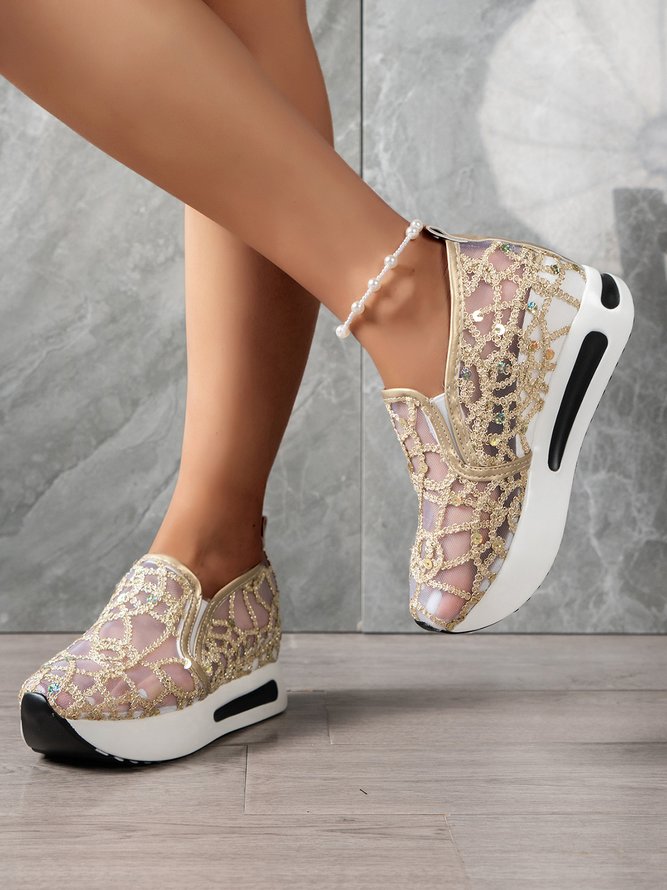 Fashion Paillette Atmungsaktiv Mesh Slip On Plateau Sneakers