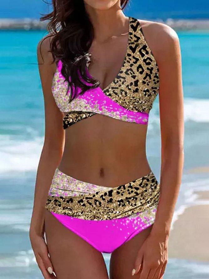 Urlaub V-Ausschnitt Print Leopard Bikini