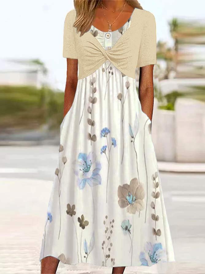 Blumen Print Kleid Rundhals Zweiteiliges Set Kurzarm Lässig Midikleid Noracora