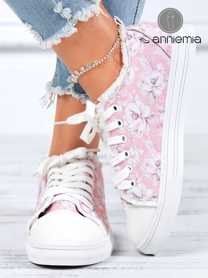 Bequem Weich Sohle Pink Geblümt Segeltuch Schuhe