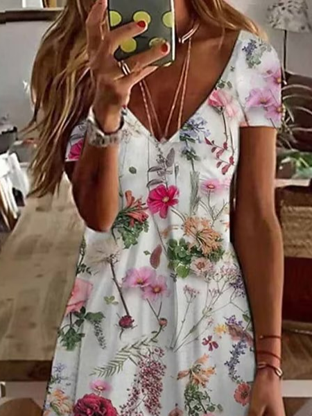 Blumendruck Sommerkleid mit V-Ausschnitt und Kurzärmel für Urlaub&Alltag Noracora