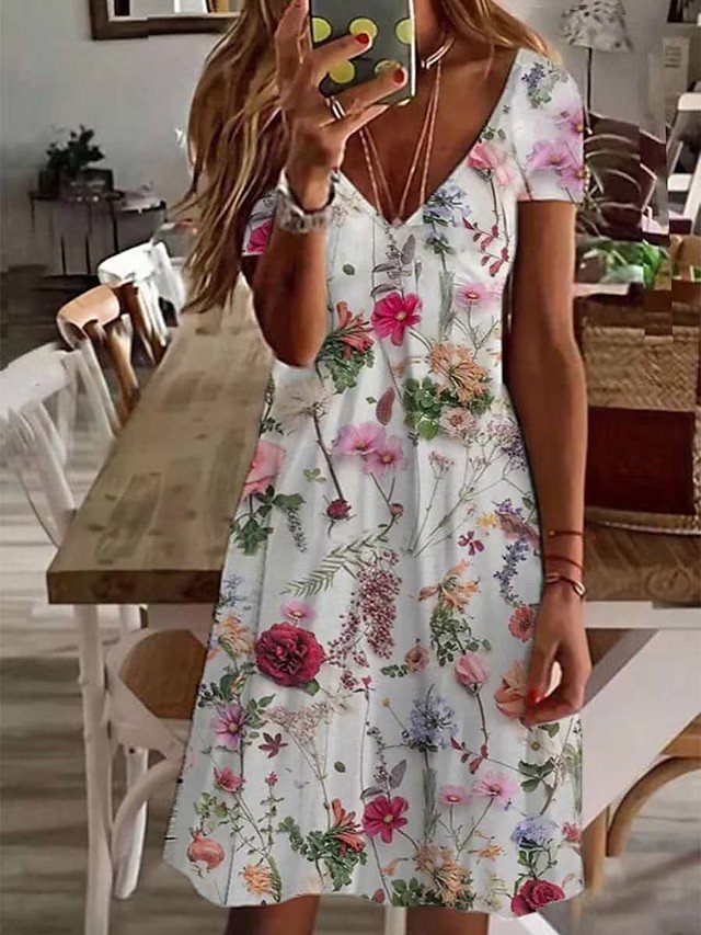 Blumendruck Sommerkleid mit V-Ausschnitt und Kurzärmel für Urlaub&Alltag Noracora