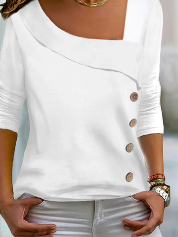 Unifarben Langärmel Bluse mit Asymmetrischem Hals und Süßen Knöpfen Noracora