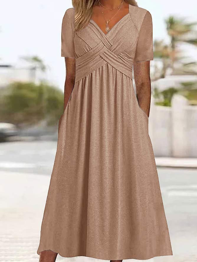 Unifarben Schatzausschnitt Regelmäßige Passform Freizeitkleid