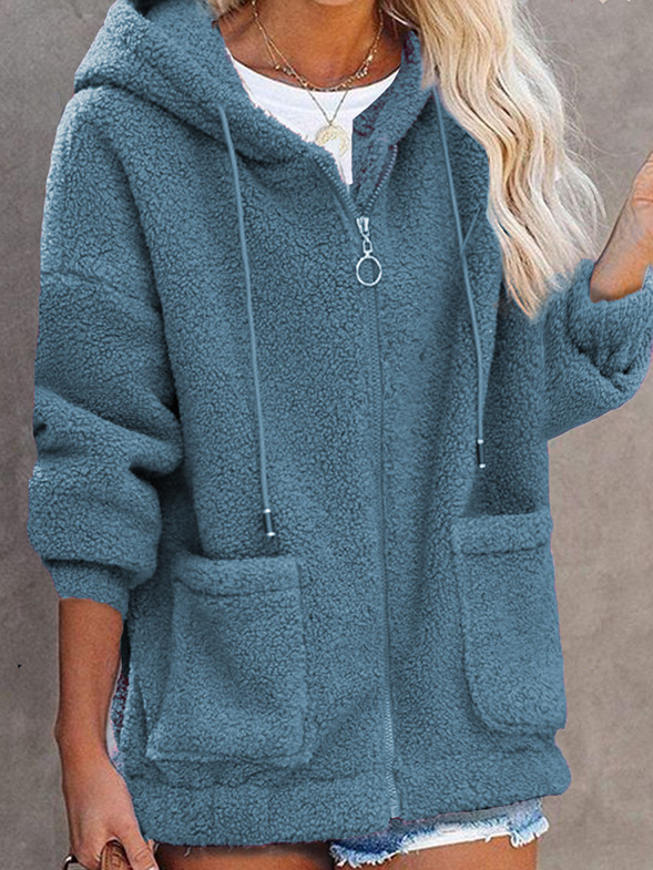 Kapuze Langarm Unifarben Schwer Mikroelastizität Weit Mit Kapuze Teddy Jacke für Damen