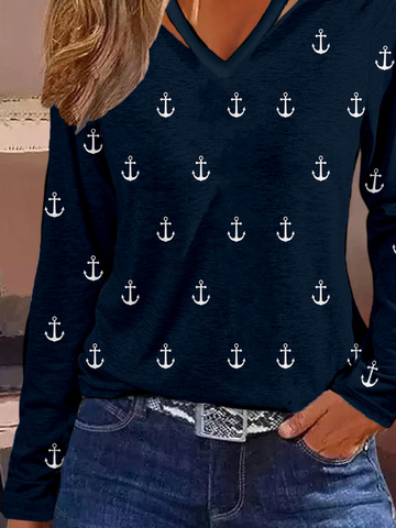 Cut-Outs V-Ausschnitt Anker Langarm Lässig Bluse