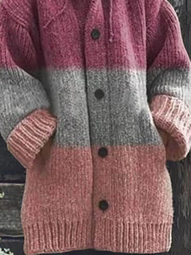 Damen Farbblock Langarm Bequem Lässig Schnalle Strickjacke