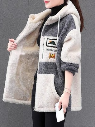 Kapuze Langarm Farbblock Stickerei Vlies Weit Mit Kapuze Teddy Jacke für Damen
