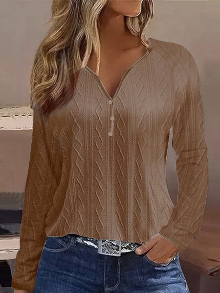 Lässig Unifarben V-Ausschnitt Langarm T-Shirt