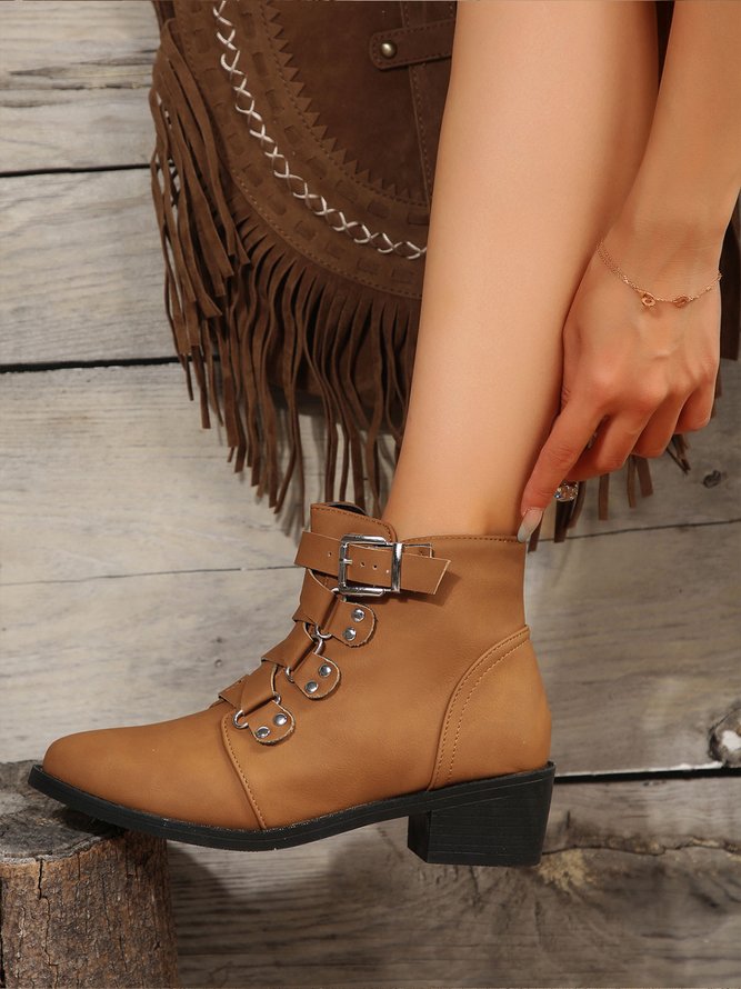 Retro Unifarben Rutschfest Reißverschluss Blockabsatz Klassische Stiefel Schnalle