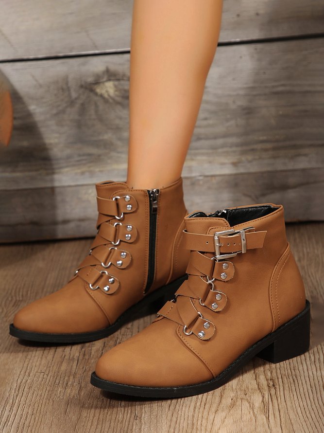 Retro Unifarben Rutschfest Reißverschluss Blockabsatz Klassische Stiefel Schnalle
