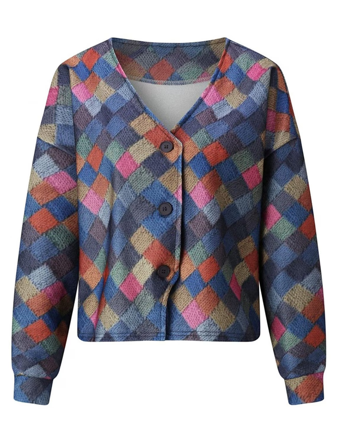 Damen Gestrickt Farbblock Langarm Bequem Lässig Geknöpft Strickjacke