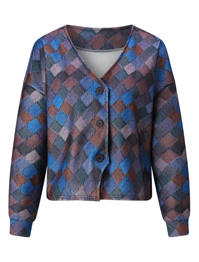 Damen Gestrickt Farbblock Langarm Bequem Lässig Geknöpft Strickjacke