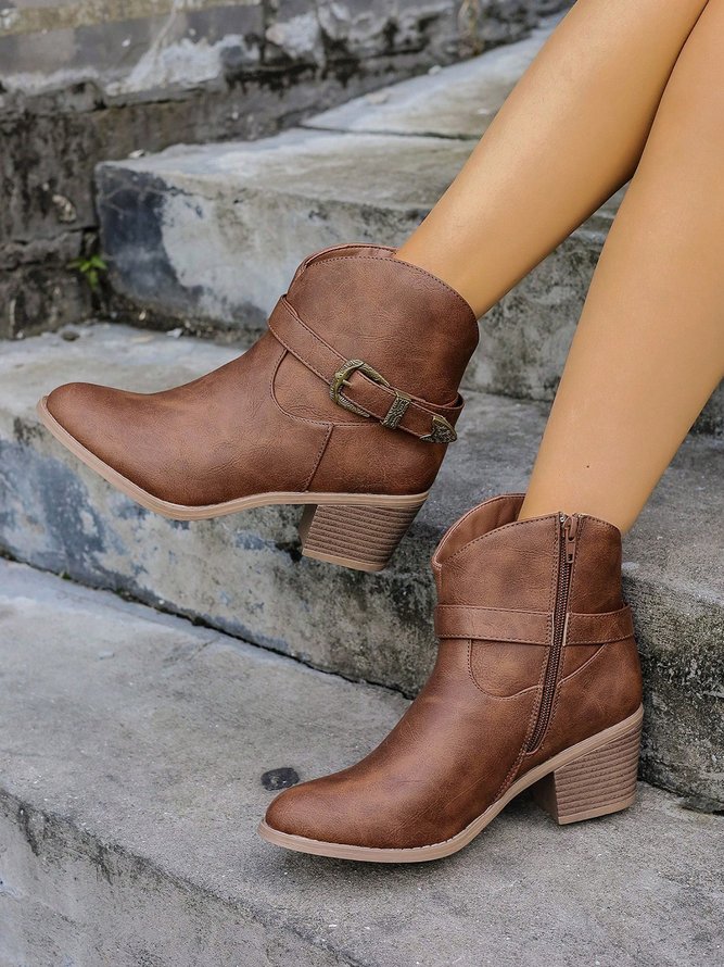 Retro Unifarben Rutschfest Reißverschluss Blockabsatz Cowboystiefel Schnalle