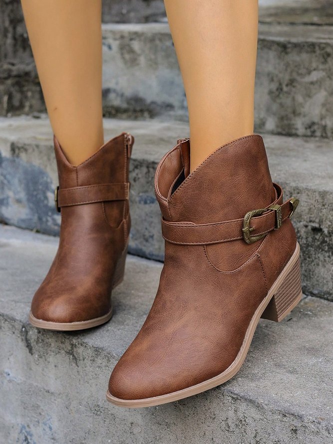 Retro Unifarben Rutschfest Reißverschluss Blockabsatz Cowboystiefel Schnalle