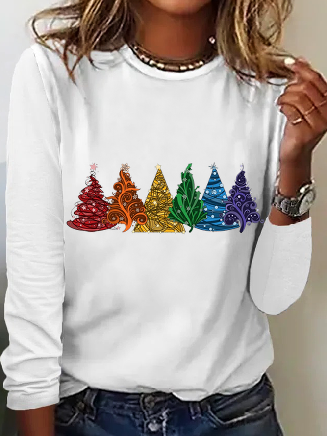Rundhals Langarm Weihnachtsbaum Regelmäßig Mikroelastizität Regelmäßige Passform Bluse für Damen