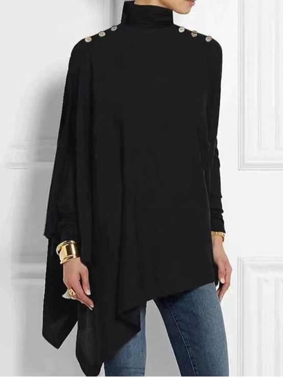 Rollkragen Langarm Unifarben Geknöpft Regelmäßig Mikroelastizität Regelmäßige Passform Bluse für Damen